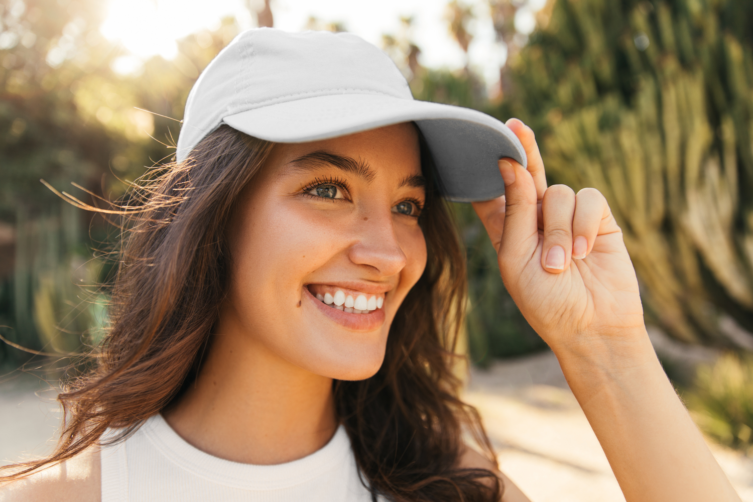 Smiling woman engaging in conversation.